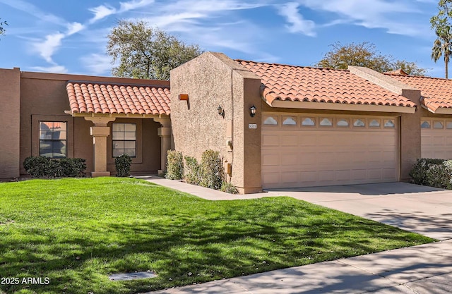 mediterranean / spanish-style house featuring a front yard, an attached garage, a tile roof, and stucco siding