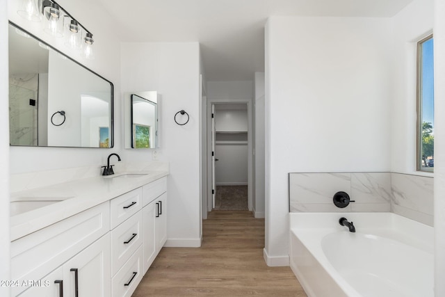 bathroom featuring vanity, independent shower and bath, and wood-type flooring