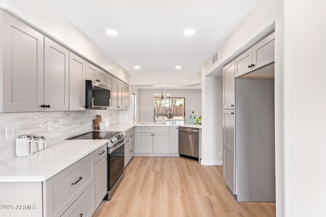 kitchen with hanging light fixtures, gray cabinets, stainless steel appliances, light hardwood / wood-style floors, and backsplash