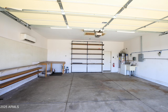 garage featuring a garage door opener, electric panel, water heater, and a wall mounted AC