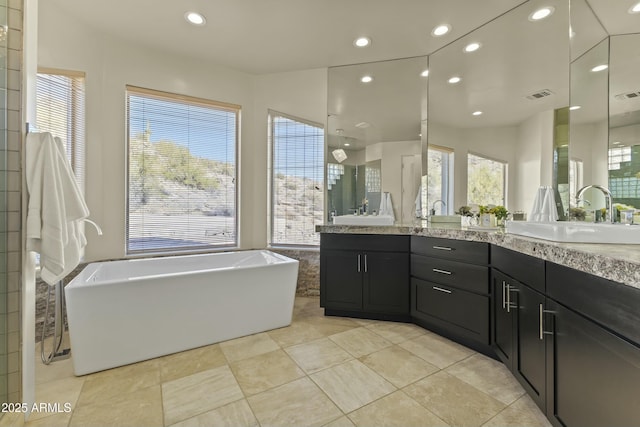 bathroom featuring vanity, a tub to relax in, and a wealth of natural light