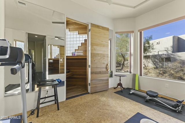 exercise room featuring ceiling fan