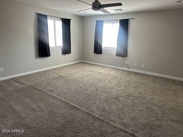 empty room with carpet floors, ceiling fan, and a healthy amount of sunlight