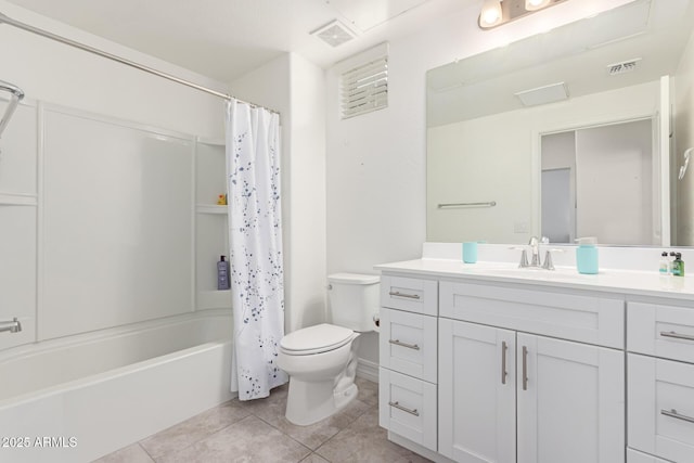 full bathroom with vanity, shower / bathtub combination with curtain, tile patterned floors, and toilet