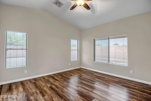 12441 W Windsor Blvd, Litchfield Park, AZ 85340 - spare room with ceiling fan, vaulted ceiling, dark wood-style flooring, and baseboards
