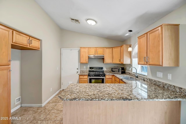 12441 W Windsor Blvd, Litchfield Park, AZ 85340 - kitchen featuring stainless steel appliances, a sink, under cabinet range hood, a peninsula, and light stone countertops