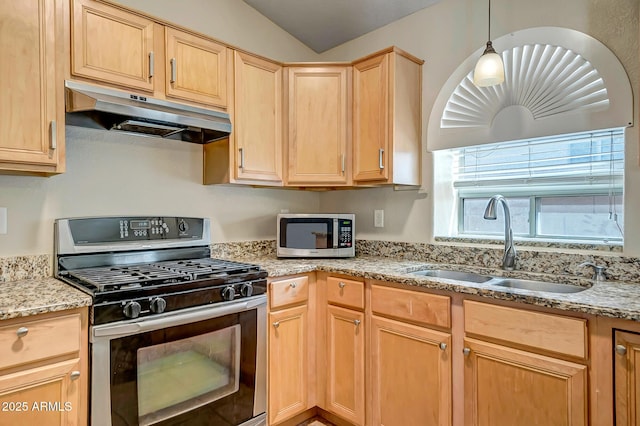 12441 W Windsor Blvd, Litchfield Park, AZ 85340 - kitchen with stainless steel appliances, under cabinet range hood, light brown cabinetry, a sink, and light stone counters