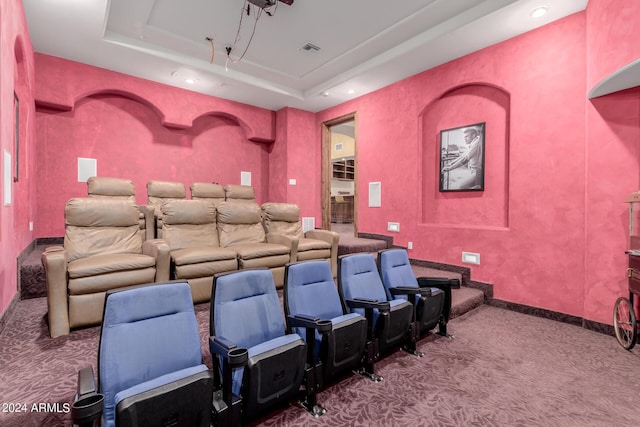 carpeted home theater with a raised ceiling