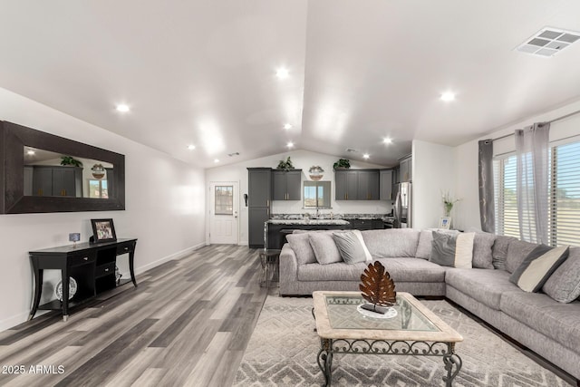 living room featuring vaulted ceiling and hardwood / wood-style floors