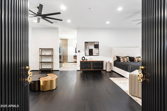 bedroom featuring recessed lighting, ceiling fan, and wood-type flooring