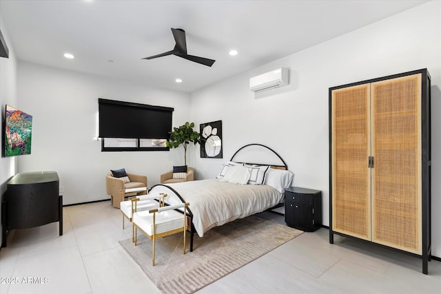 bedroom with a ceiling fan, light tile patterned floors, recessed lighting, and a wall mounted AC