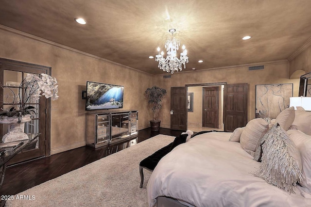 10365 E Paradise Dr, Scottsdale, AZ 85260 - bedroom with visible vents, wood finished floors, recessed lighting, crown molding, and a chandelier