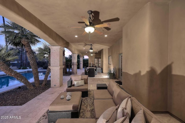10365 E Paradise Dr, Scottsdale, AZ 85260 - view of patio / terrace featuring outdoor dining space, an outdoor living space, an outdoor pool, and ceiling fan