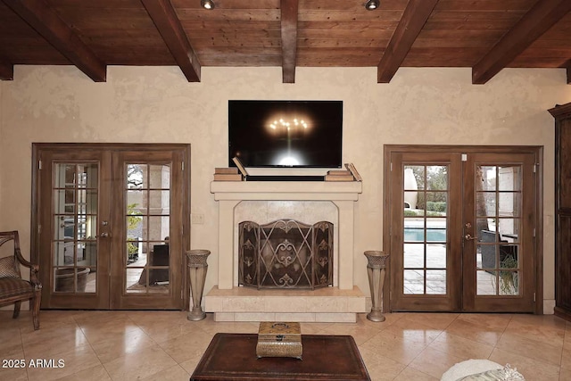 10365 E Paradise Dr, Scottsdale, AZ 85260 - unfurnished living room with a wealth of natural light, french doors, and wooden ceiling