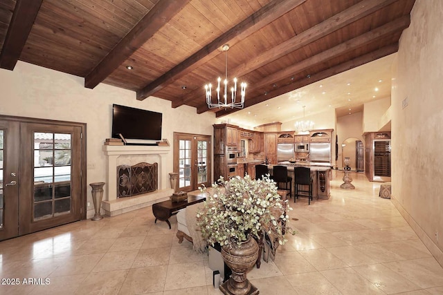 10365 E Paradise Dr, Scottsdale, AZ 85260 - dining room featuring a wealth of natural light, beam ceiling, a chandelier, and wooden ceiling