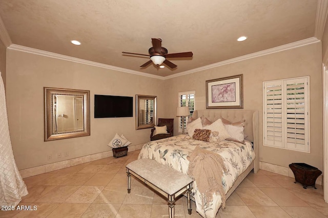 10365 E Paradise Dr, Scottsdale, AZ 85260 - bedroom featuring light tile patterned floors, recessed lighting, crown molding, and baseboards