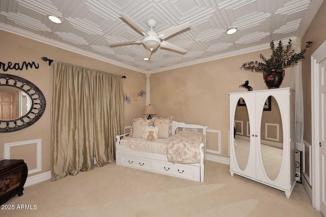 10365 E Paradise Dr, Scottsdale, AZ 85260 - bedroom featuring an ornate ceiling, light carpet, ceiling fan, and crown molding