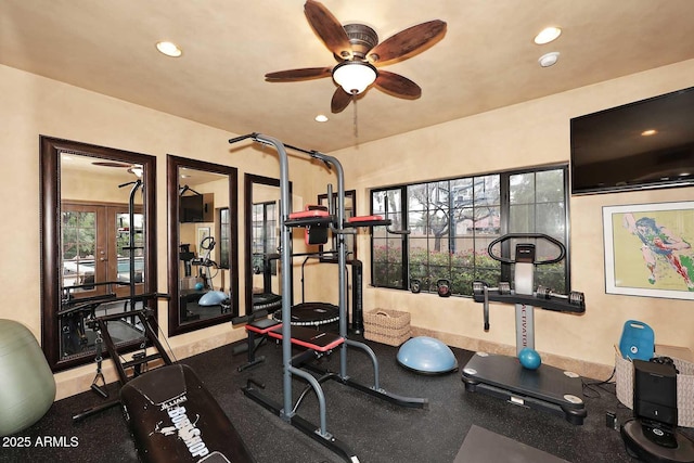 10365 E Paradise Dr, Scottsdale, AZ 85260 - workout area featuring recessed lighting, french doors, and a ceiling fan