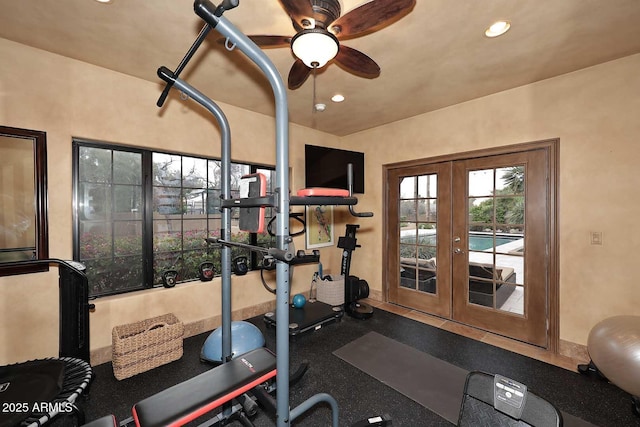 10365 E Paradise Dr, Scottsdale, AZ 85260 - workout room with recessed lighting, french doors, and a ceiling fan