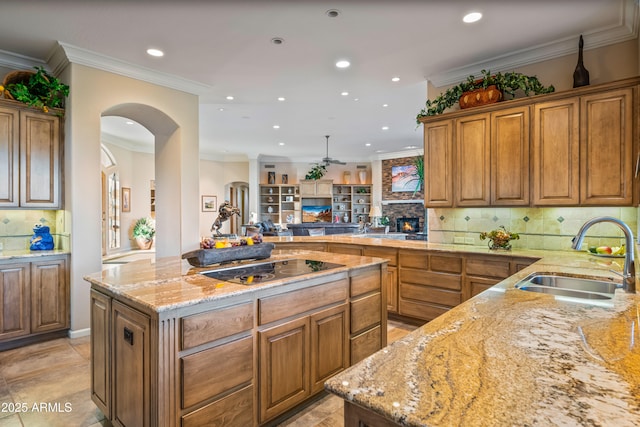 kitchen with sink, decorative backsplash, light stone countertops, ornamental molding, and a kitchen island