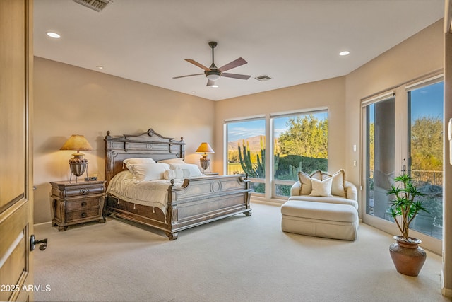 bedroom featuring access to exterior, carpet, and ceiling fan