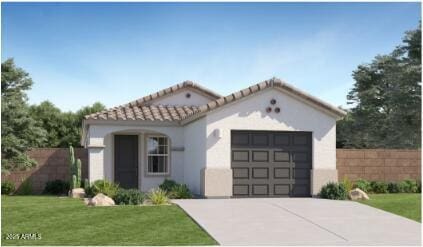 12039 E Primrose Ln, Florence, AZ 85132 - mediterranean / spanish home featuring an attached garage, driveway, stucco siding, and a tile roof