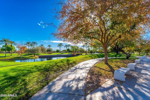 view of home's community featuring a water view and a lawn