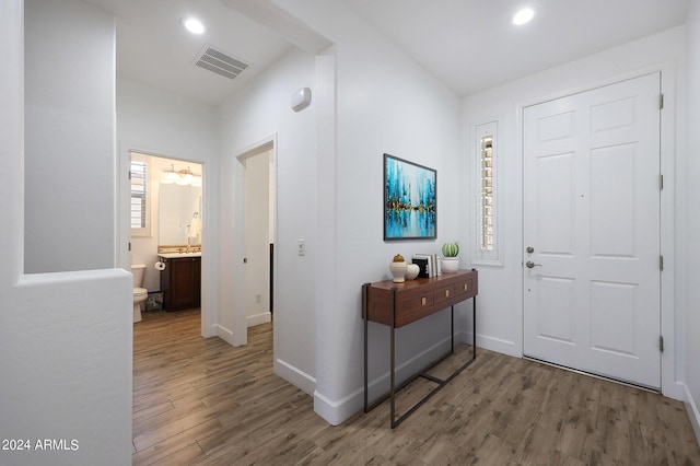 foyer entrance with hardwood / wood-style floors