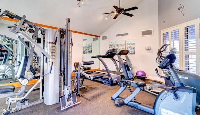5122 E Shea Blvd Unit 1020, Scottsdale, AZ 85254 - exercise room with visible vents, baseboards, and ceiling fan