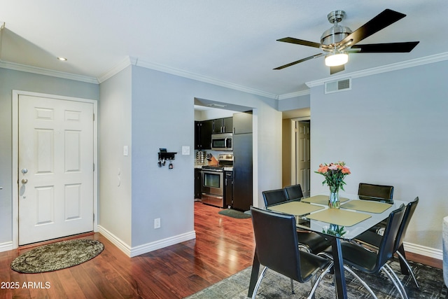 5122 E Shea Blvd Unit 1020, Scottsdale, AZ 85254 - dining room with a ceiling fan, baseboards, visible vents, and dark wood-style flooring