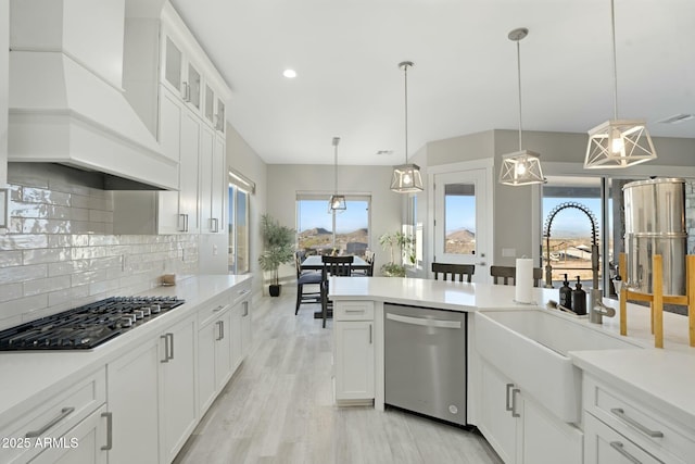 kitchen featuring appliances with stainless steel finishes, light countertops, a sink, and custom exhaust hood