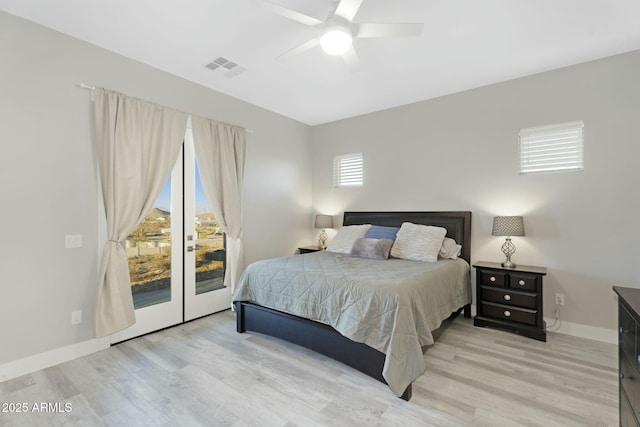 bedroom with visible vents, baseboards, a ceiling fan, access to outside, and light wood-type flooring