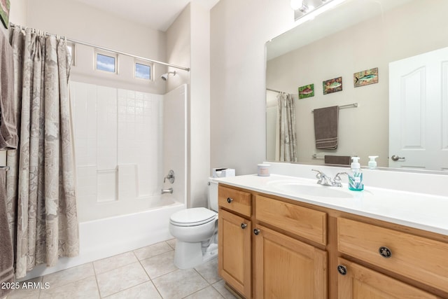 full bathroom with tile patterned flooring, vanity, shower / bath combination with curtain, and toilet