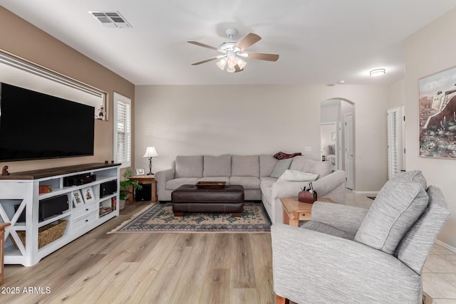 living room featuring ceiling fan and light hardwood / wood-style flooring