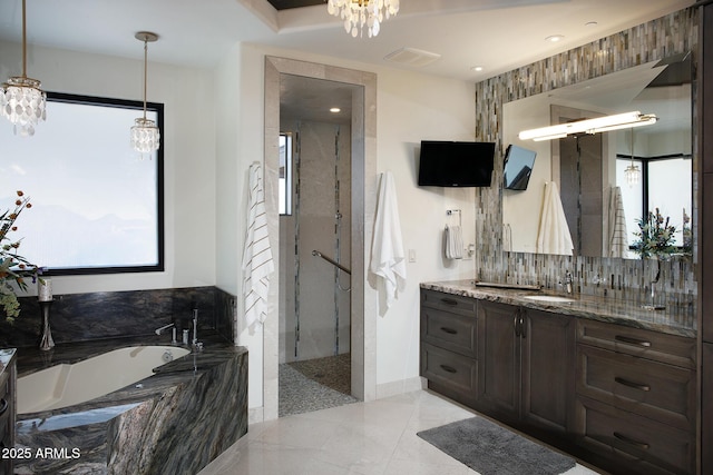 10205 E Happy Valley Rd, Scottsdale, AZ 85255 - bathroom with a chandelier, a marble finish shower, vanity, a bath, and healthy amount of natural light