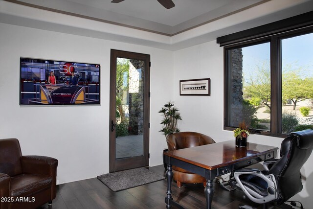 10205 E Happy Valley Rd, Scottsdale, AZ 85255 - dining area featuring wood finished floors, a desk, and a ceiling fan