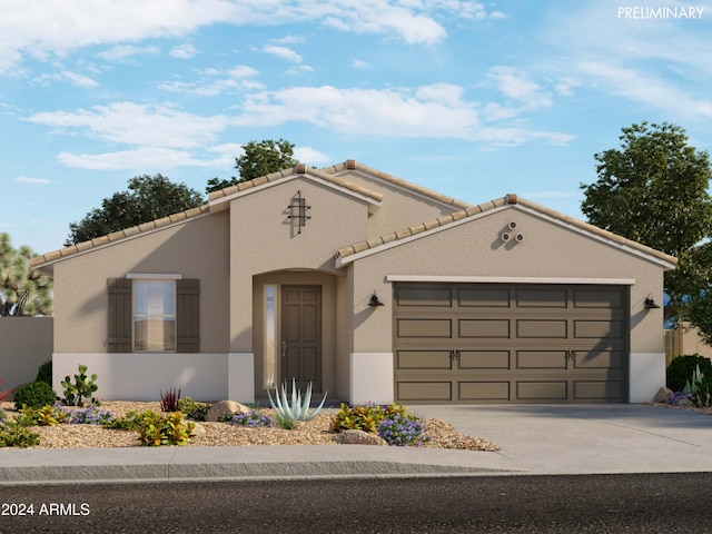 mediterranean / spanish-style house featuring a garage, concrete driveway, a tile roof, and stucco siding