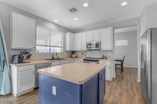 1405 S Honeysuckle Cir, Gilbert, AZ 85296 - kitchen with stainless steel appliances, a sink, blue cabinetry, recessed lighting, and wood finished floors