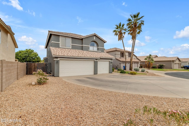 1405 S Honeysuckle Cir, Gilbert, AZ 85296 - view of front of home with stucco siding, a garage, concrete driveway, a residential view, and a tile roof
