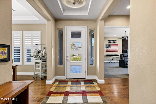 entryway featuring a raised ceiling and dark hardwood / wood-style flooring