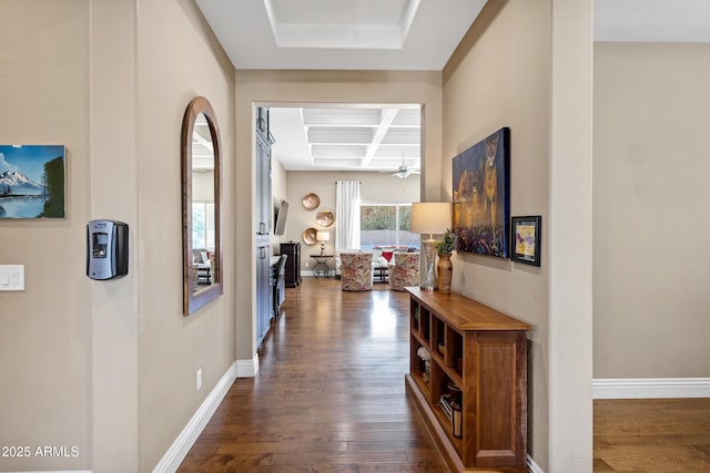 hallway with dark wood-type flooring, coffered ceiling, and beam ceiling