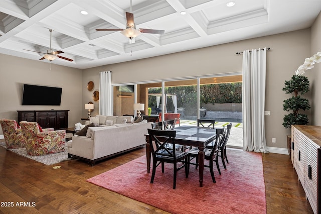 dining space featuring coffered ceiling, beam ceiling, and dark hardwood / wood-style floors