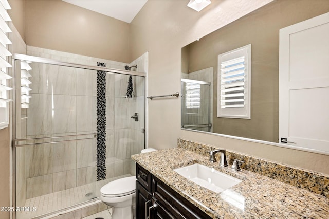 bathroom with vanity, a shower with shower door, and toilet