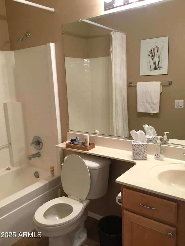 full bathroom with toilet, vanity, and shower / bath combo with shower curtain