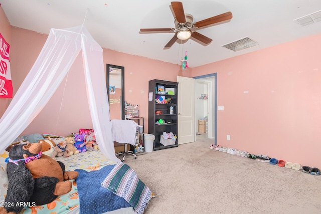 carpeted bedroom featuring ceiling fan