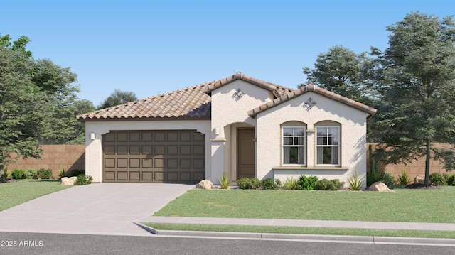 mediterranean / spanish-style house with a garage, stucco siding, a front yard, and concrete driveway
