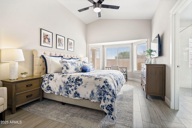 bedroom with vaulted ceiling and ceiling fan