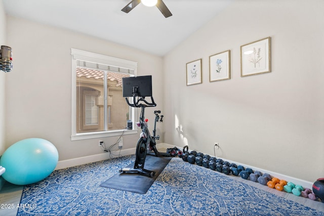 workout area with lofted ceiling and ceiling fan