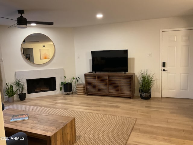 living room featuring light hardwood / wood-style floors and ceiling fan