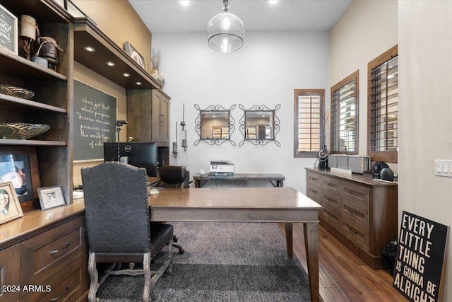 home office featuring dark wood-type flooring